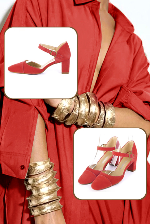 Women's scarlet red elegant closed-back heels, with an instep strap. Round toe. Medium block heels - Top view
